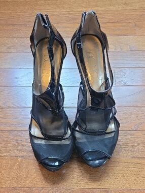BCBG Black Mesh & Patent Open-Toe Heels